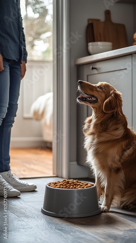 Golden retriever eagerly waiting for food in a cozy kitchen during mealtime a...