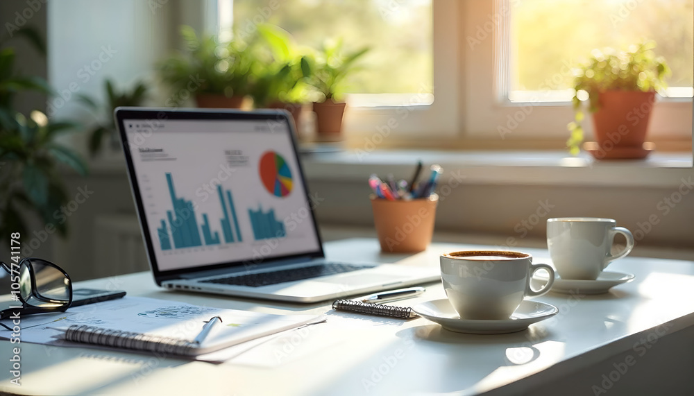 a laptop with a graph on the screen and a cup of coffee on the table. a laptop with a graph on the screen and a cup of coffee on the table.