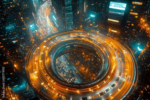 Aerial view of a circular highway with busy traffic in a vibrant city at night
