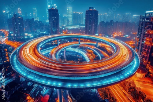 Aerial view of a circular highway with busy traffic in a vibrant city at night