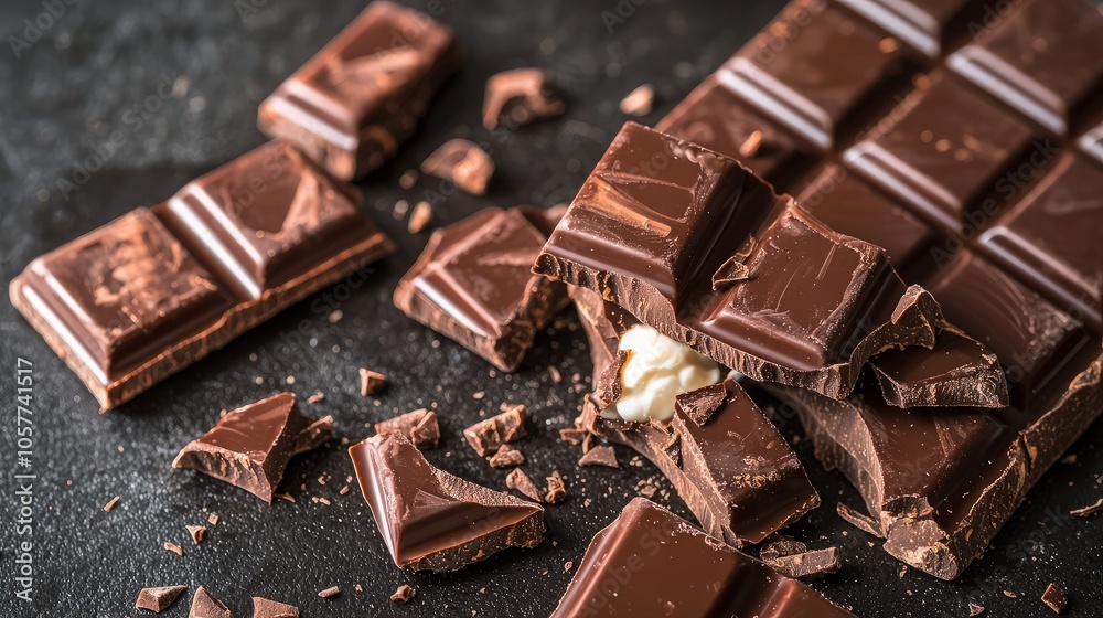A close-up shot of a broken dark chocolate bar on a black surface. A close-up shot of a broken dark chocolate bar on a black surface.