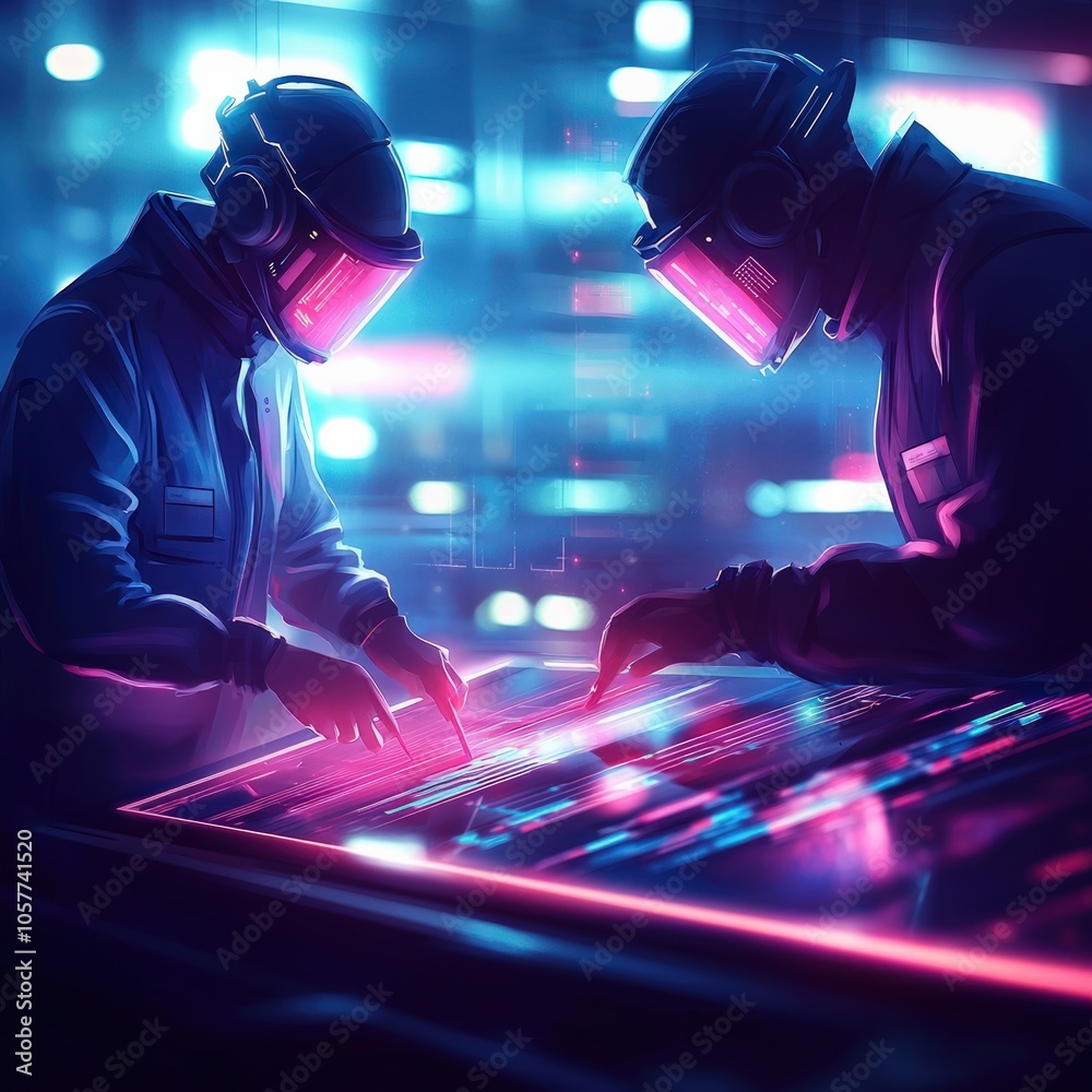 Futuristic collaboration cybernetic engineers innovating with advanced technology in a neon environment Futuristic collaboration cybernetic engineers innovating with advanced technology in a neon environment