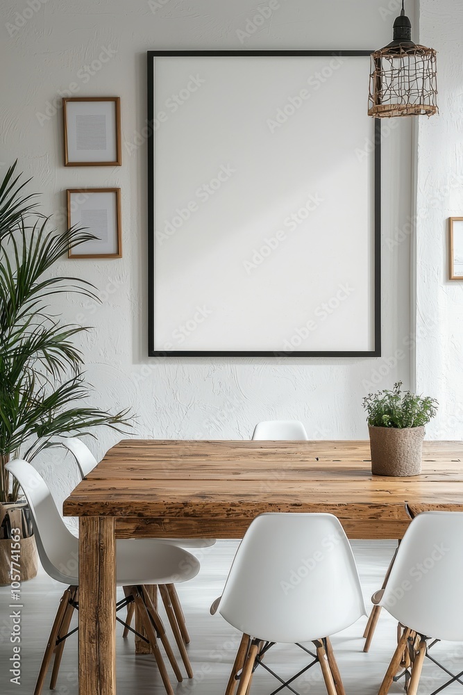 Modern dining room with large blank black frame and contemporary decor on the wall featuring white chairs, wooden table, pendant lights, and decorative plants Modern dining room with large blank black frame and contemporary decor on the wall featuring white chairs, wooden table, pendant lights, and decorative plants