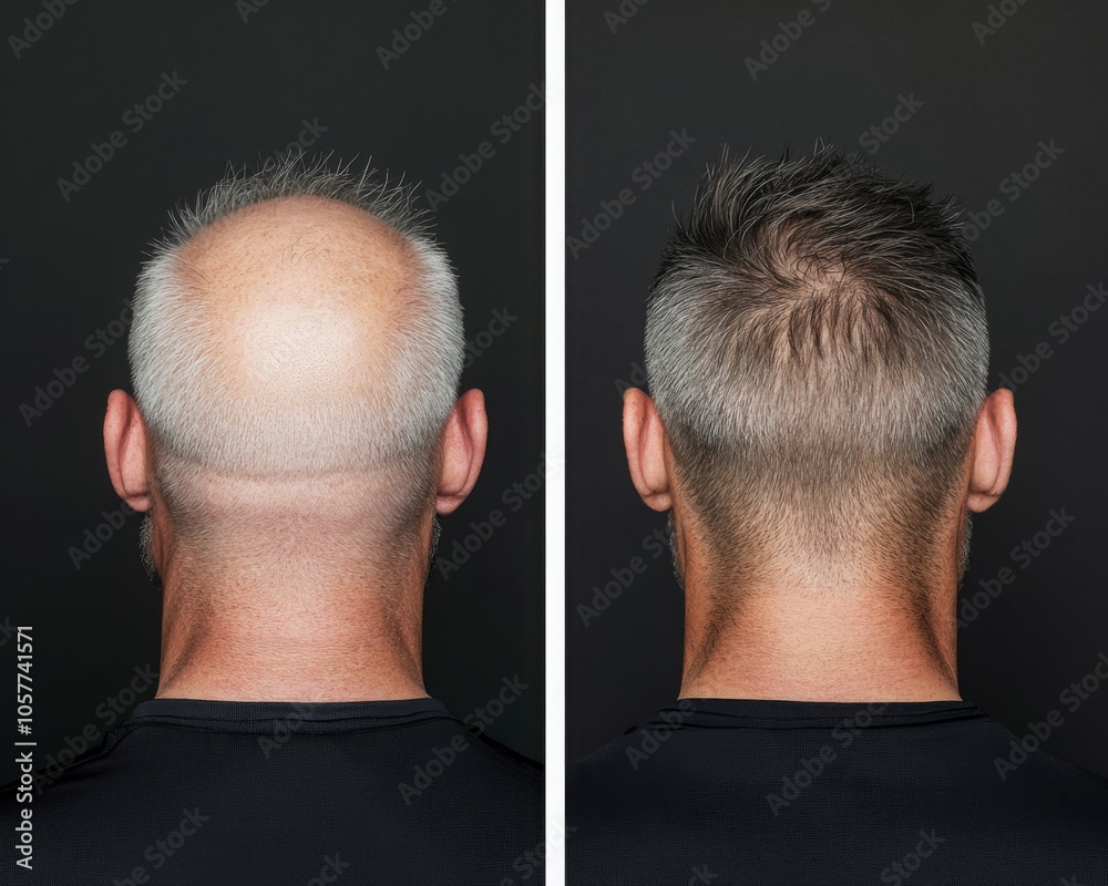Fototapeta premium Hair Loss in men, Before and After Alopecia Treatment, Effective Hair Regrowth and Density Transformation. Hair cosmetics.