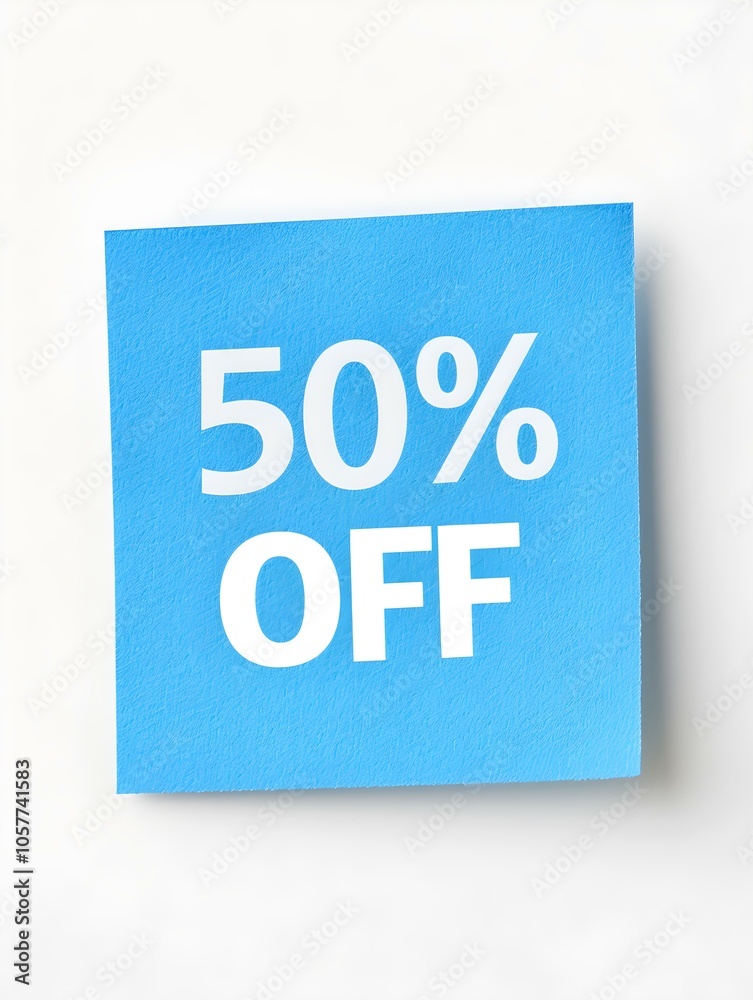 White '50% OFF' Text on a Blue Square Paper Note. White Background White '50% OFF' Text on a Blue Square Paper Note. White Background