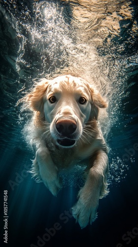 Golden retriever swimming in an indoor pool during a bright sunny day