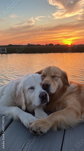Two dogs cuddling by the water at sunset in a serene evening setting