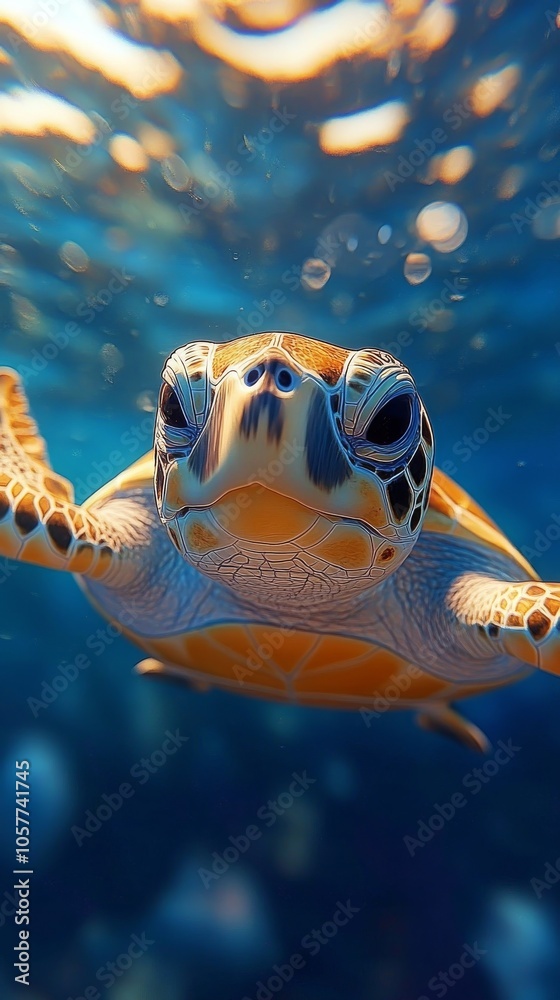 Fototapeta premium A close encounter with a curious sea turtle swimming in clear ocean waters during daytime
