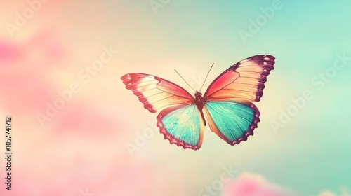 A vibrant butterfly dances gracefully in a soothing pink and green backdrop.