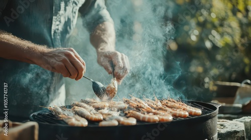 Grilling Shrimp Over Open Flame photo