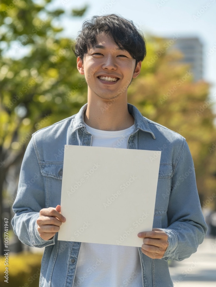 Smiling Young Man Holding a Blank Beige Certificate for mockup Outdoors on a Sunny Day in a Beautiful Landscape Smiling Young Man Holding a Blank Beige Certificate for mockup Outdoors on a Sunny Day in a Beautiful Landscape