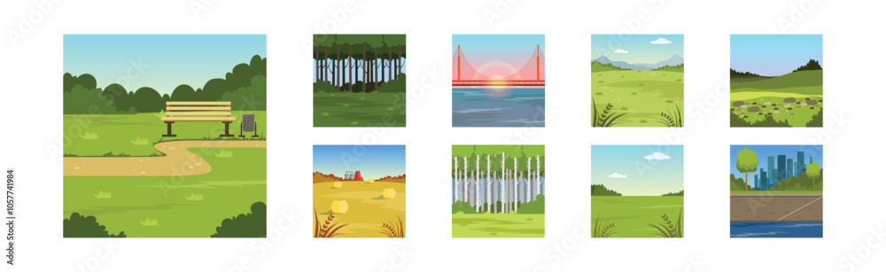 Fototapeta premium Natural Summer Landscape View and Scene of Field and City Vector Set