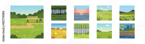 Natural Summer Landscape View and Scene of Field and City Vector Set