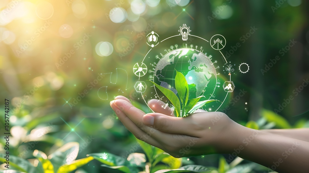 a hand holding a plant with a holographic globe and various environmental icons surrounding it...
