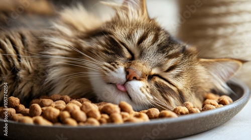 Happy cat with delicious cat food on plate, gourmet meats to specialized cat treats photo