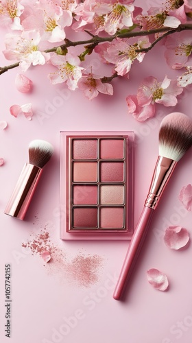 Bright and colorful makeup palette surrounded by cherry blossoms on a soft pi...