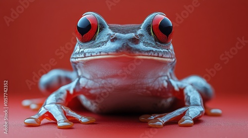 Colorful tree frog resting on a surface with a vibrant red background during ...
