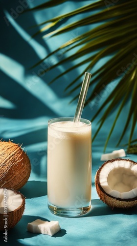Creamy coconut smoothie topped with crushed nuts served in a tall glass on a ...