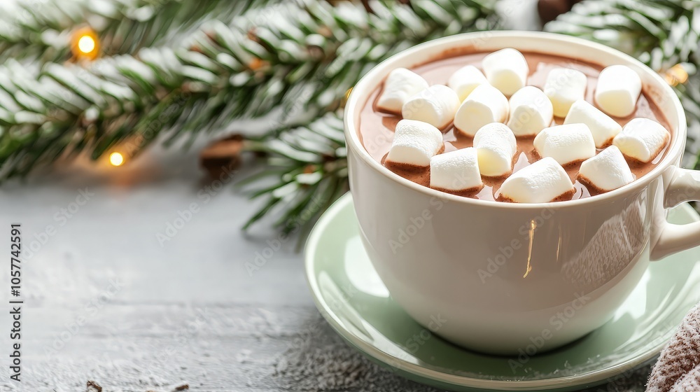 A cup of hot chocolate with marshmallows and a Christmas tree branch in the background. A cup of hot chocolate with marshmallows and a Christmas tree branch in the background.