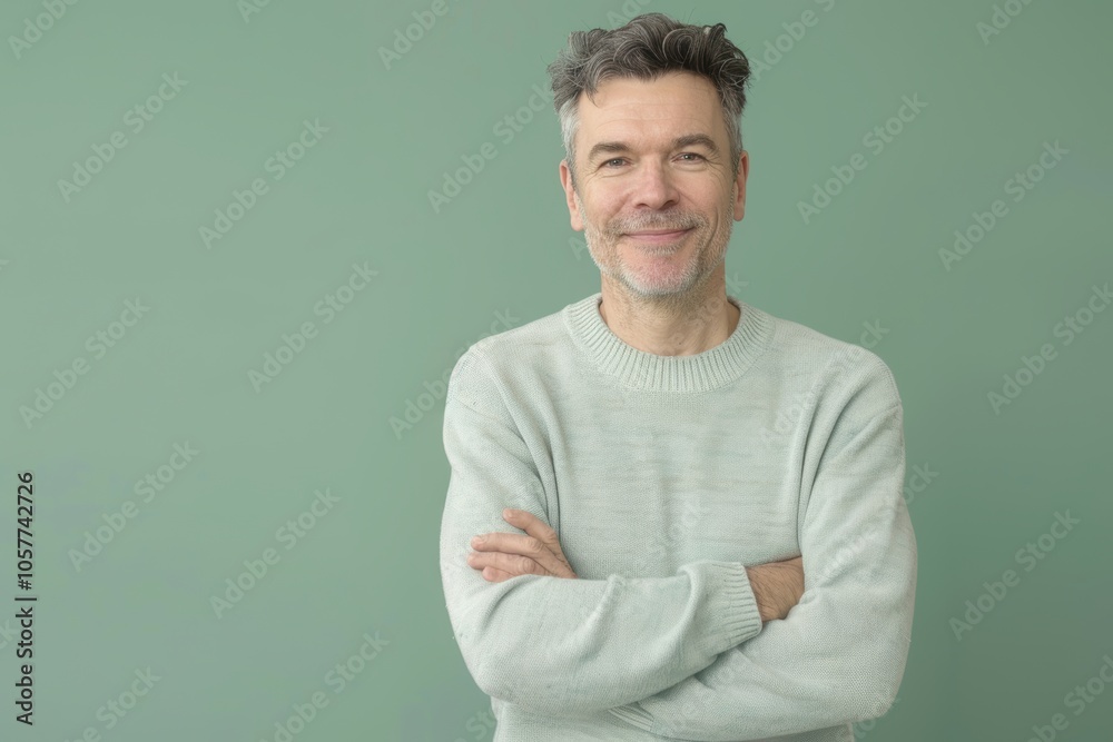 Warm and Welcoming Portrait of a Middle-Aged Man in Pastel Green Monotone Background for Print Design Warm and Welcoming Portrait of a Middle-Aged Man in Pastel Green Monotone Background for Print Design