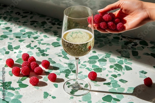 Bubbly drink garnished with fresh raspberries on a green dotted background in...