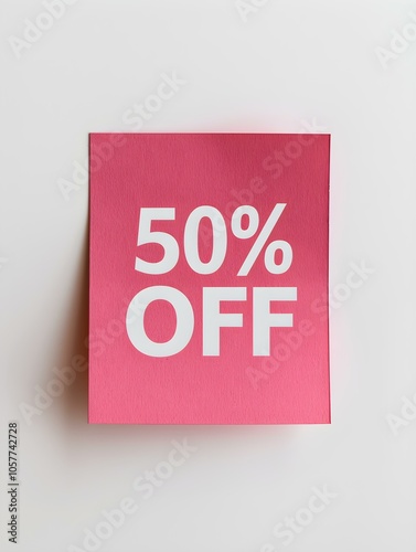 White '50% OFF' Text on a Blush Square Paper Note. White Background 