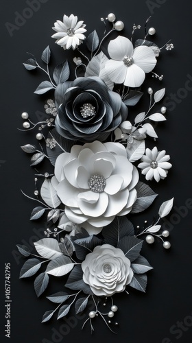 Elegant black and white floral arrangement featuring various paper flowers an...