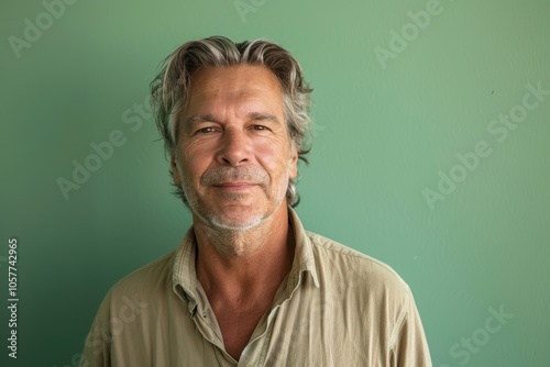 Casual Portrait of Middle-Aged Man with Salt and Pepper Hair on Pastel Green Background