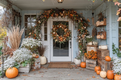 Autumn decorations at a charming home entrance featuring pumpkins and a flora...