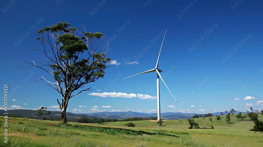 a large wind turbine with three blades in a field of green grass and trees, set against a clear... a large wind turbine with three blades in a field of green grass and trees, set against a clear...