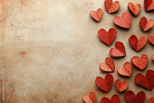 Colorful paper hearts arranged artistically on a light background for decorat...