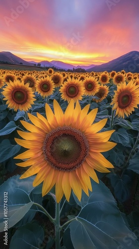 A vibrant field of sunflowers under a colorful sunset in a rural landscape