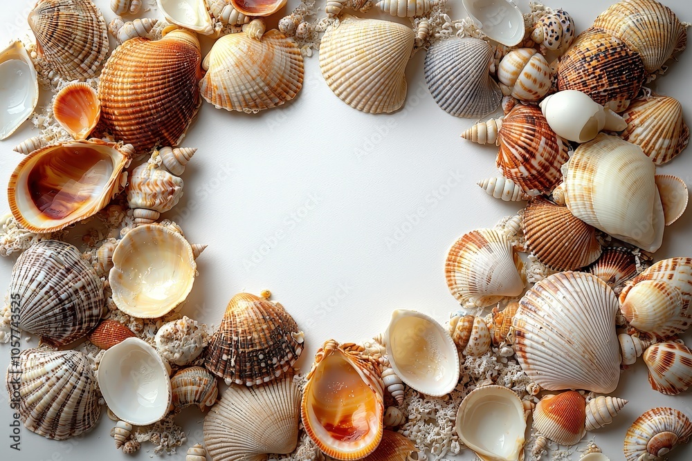 Beautiful assorted seashells arranged in a circular pattern on white background Beautiful assorted seashells arranged in a circular pattern on white background