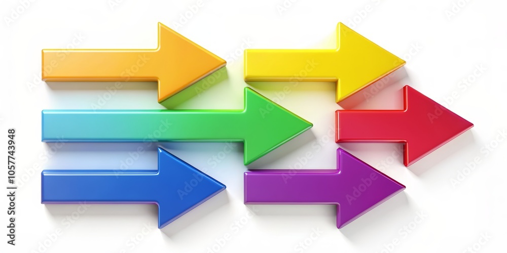 Rainbow Arrows Pointing Right A 3D Render of Colorful Arrows on White Background Rainbow Arrows Pointing Right A 3D Render of Colorful Arrows on White Background