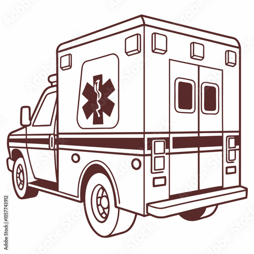 A line drawing illustration of an ambulance, depicting the vehicle's exterior with the distinctive star of life symbol on the side. This simple design is perfect for medical, healthcare.