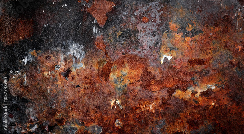 Backdrop of rusty surface of dark, brown, and orange hues. Detailed grunge rusted metal texture. Close-up of rust patterns, aged iron, scratched, worn, distressed areas, decay, corrosion details