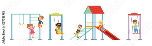 Funny Kids Playing at Playground and Have Fun Vector Set