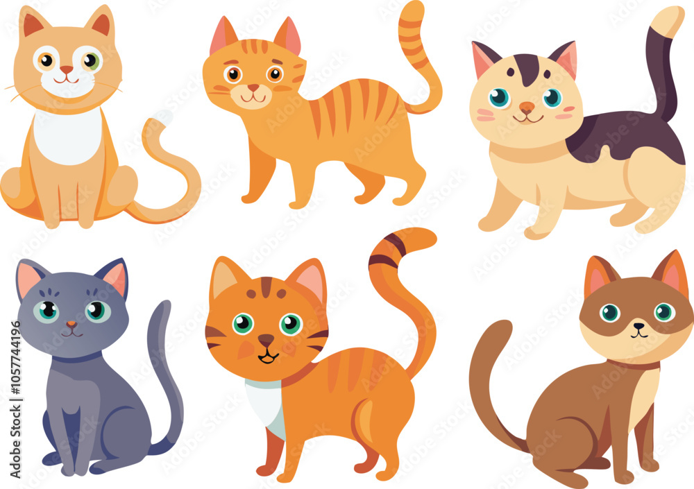 Fototapeta premium Six Adorable Cartoon Cats Posing Cutely