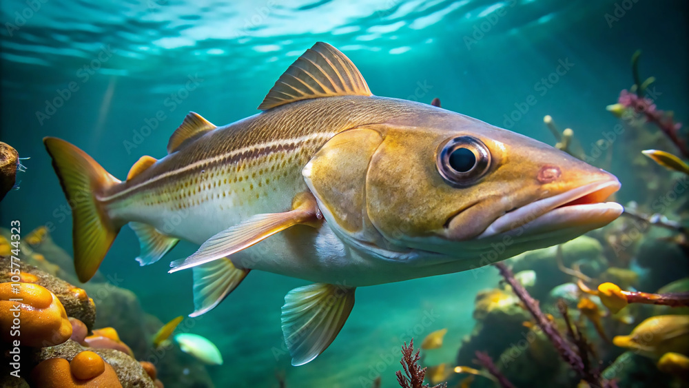 Naklejka premium Haddock fish realistic image under the water close up view. Generative AI.