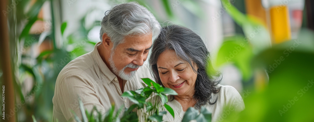 Couple caring houseplants at home. Multiracial mature man and woman with green plants Couple caring houseplants at home. Multiracial mature man and woman with green plants