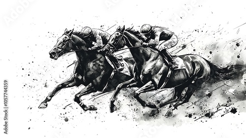 Black and white background. Horse racing sketch. Horse racing tournament. Equestrian sport. Illustration of ink paints.