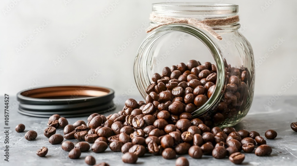 A glass jar of coffee beans spilling onto a gray surface. A glass jar of coffee beans spilling onto a gray surface.