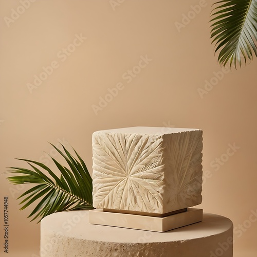 A beige stone product display.
