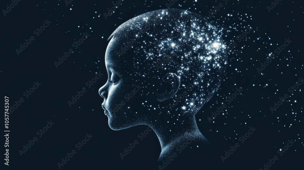 Child silhouette with stars in head, concept of imagination, dreams and universe, dark blue background Child silhouette with stars in head, concept of imagination, dreams and universe, dark blue background