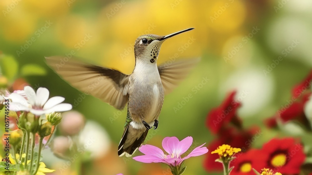 Naklejka premium A hummingbird hovers in mid-air, its wings blurred, as it feeds on nectar from a flower.