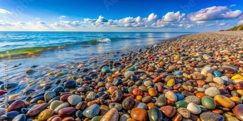 Rainbow Pebbles Meet the Ocean on a Sunny Day with Puffy Clouds