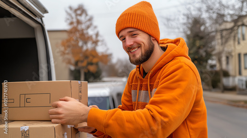 Employee loading boxes into a truck, last-mile delivery preparation, busy day photo