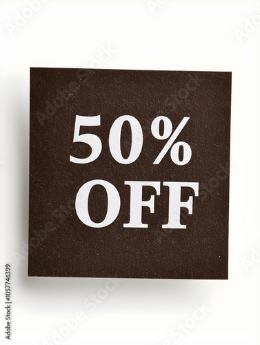 White '50% OFF' Text on a Dark Brown Square Paper Note. White Background 