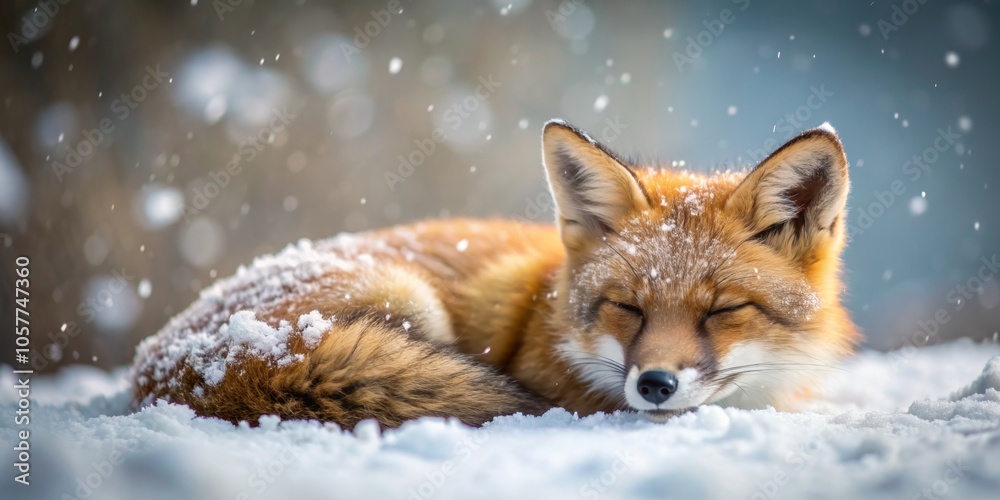 Red Fox Napping in Winter Wonderland A Close-Up Portrait of a Fluffy Fox Curled Up in the Snow, with Falling Snowflakes Creating a Magical Atmosphere