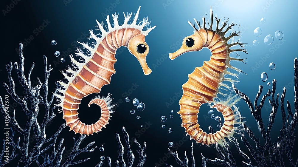 Dive into a captivating underwater world with this exquisite vector graphic, featuring intricate illustrations of delicate seahorses swimming gracefully amidst vibrant coral reefs Dive into a captivating underwater world with this exquisite vector graphic, featuring intricate illustrations of delicate seahorses swimming gracefully amidst vibrant coral reefs